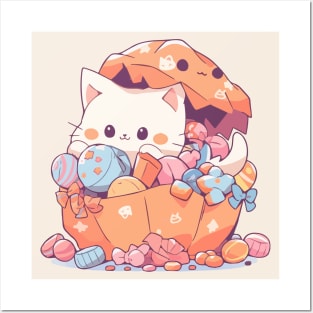 White cat in a bag of candies Posters and Art